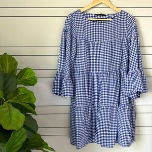 Zara Women blue & white checkered pattern flowy dress.